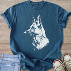 Blue t-shirt with a white German Shepherd graphic, shown with jeans and sneakers.