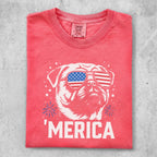 Red t-shirt with "MERICA" text and an American flag-themed dog wearing sunglasses.