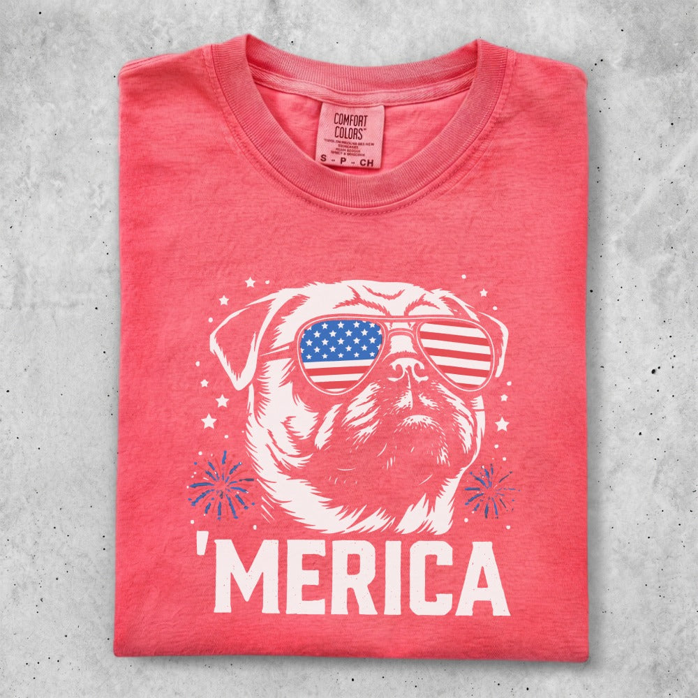 Red t-shirt with "MERICA" text and an American flag-themed dog wearing sunglasses.