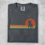 Charcoal t-shirt with retro sunset graphic featuring a French bulldog silhouette.