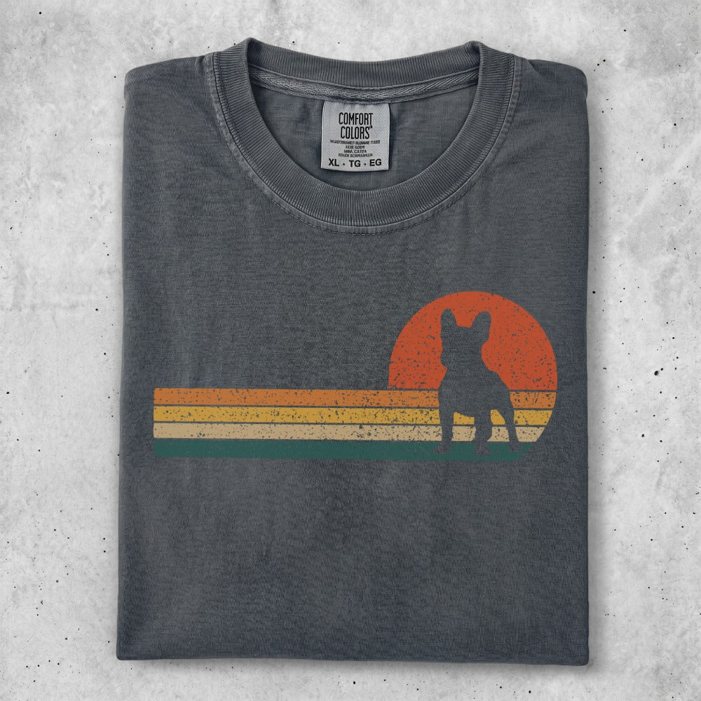 Charcoal t-shirt with retro sunset graphic featuring a French bulldog silhouette.