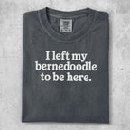 Gray t-shirt with white text reading "I left my Bernedoodle to be here."