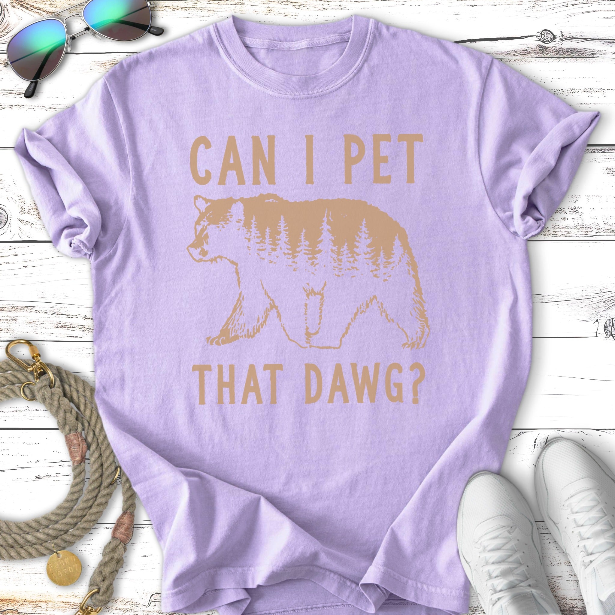 Light purple t-shirt with "Can I Pet That Dawg?" and a bear graphic.