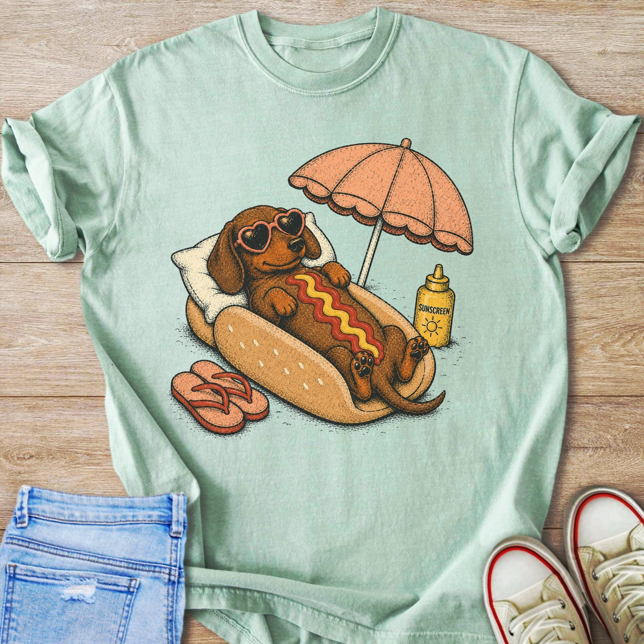 Dachshund wearing heart sunglasses, relaxing in a hot dog bun, with umbrella and sunscreen.