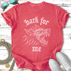 Red t-shirt with white graphic of a wolf's head and text "bark for me".