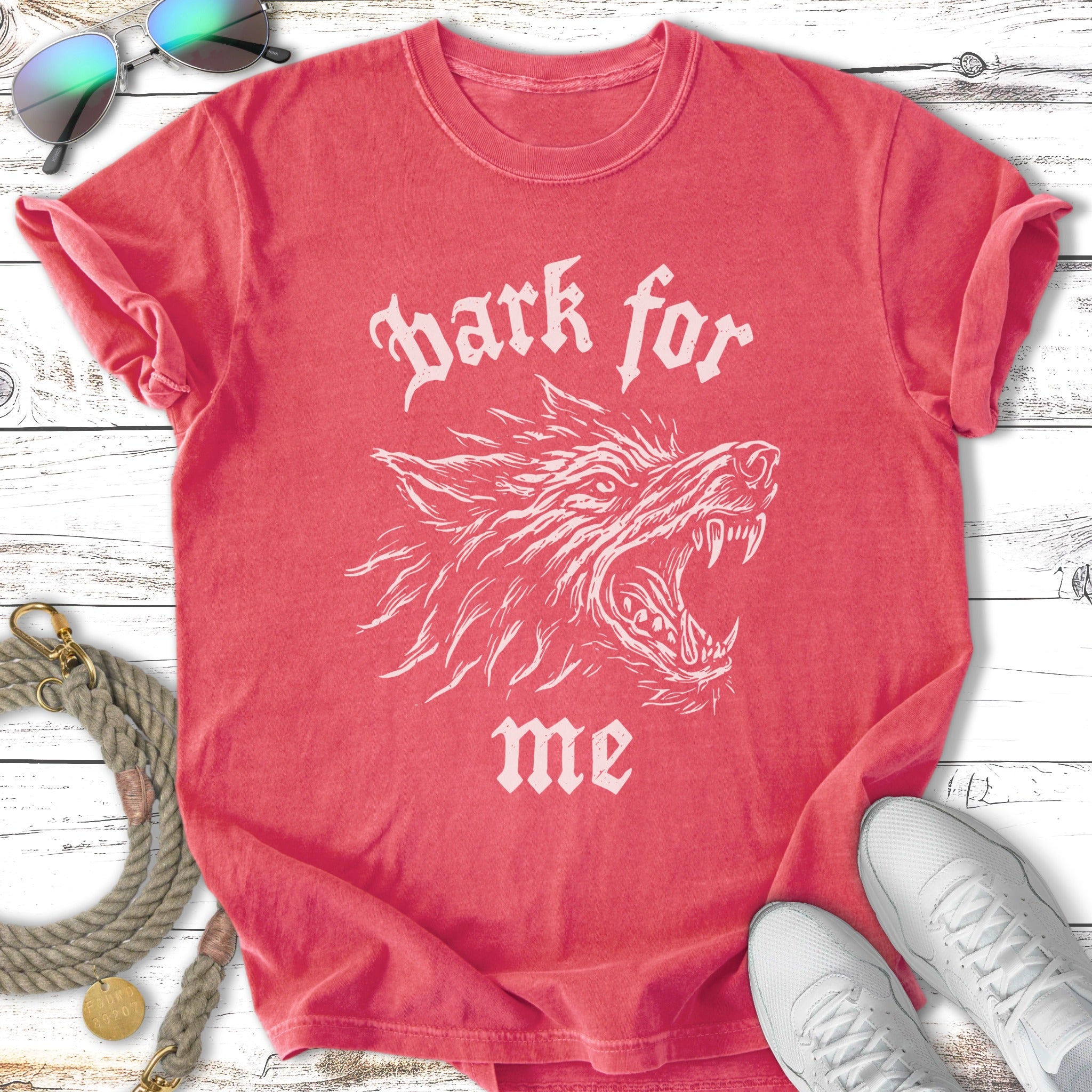 Red t-shirt with white graphic of a wolf's head and text "bark for me".