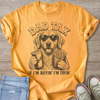 Golden retriever in sunglasses holding fries and a drink with text "DAD TAX".