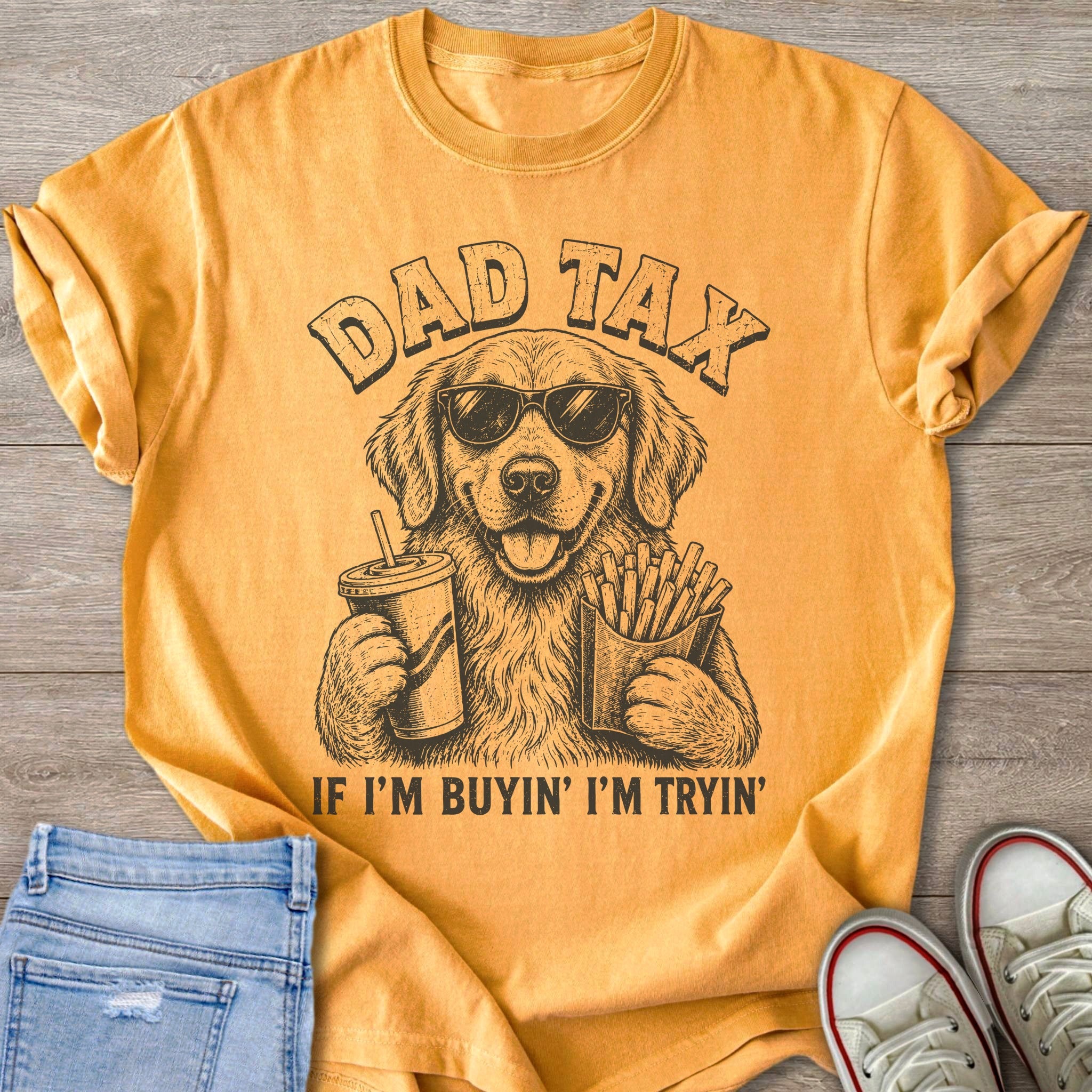 Golden retriever in sunglasses holding fries and a drink with text "DAD TAX".