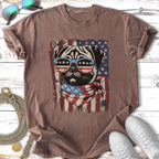 Pug wearing sunglasses and a bandana, superimposed on an American flag design.