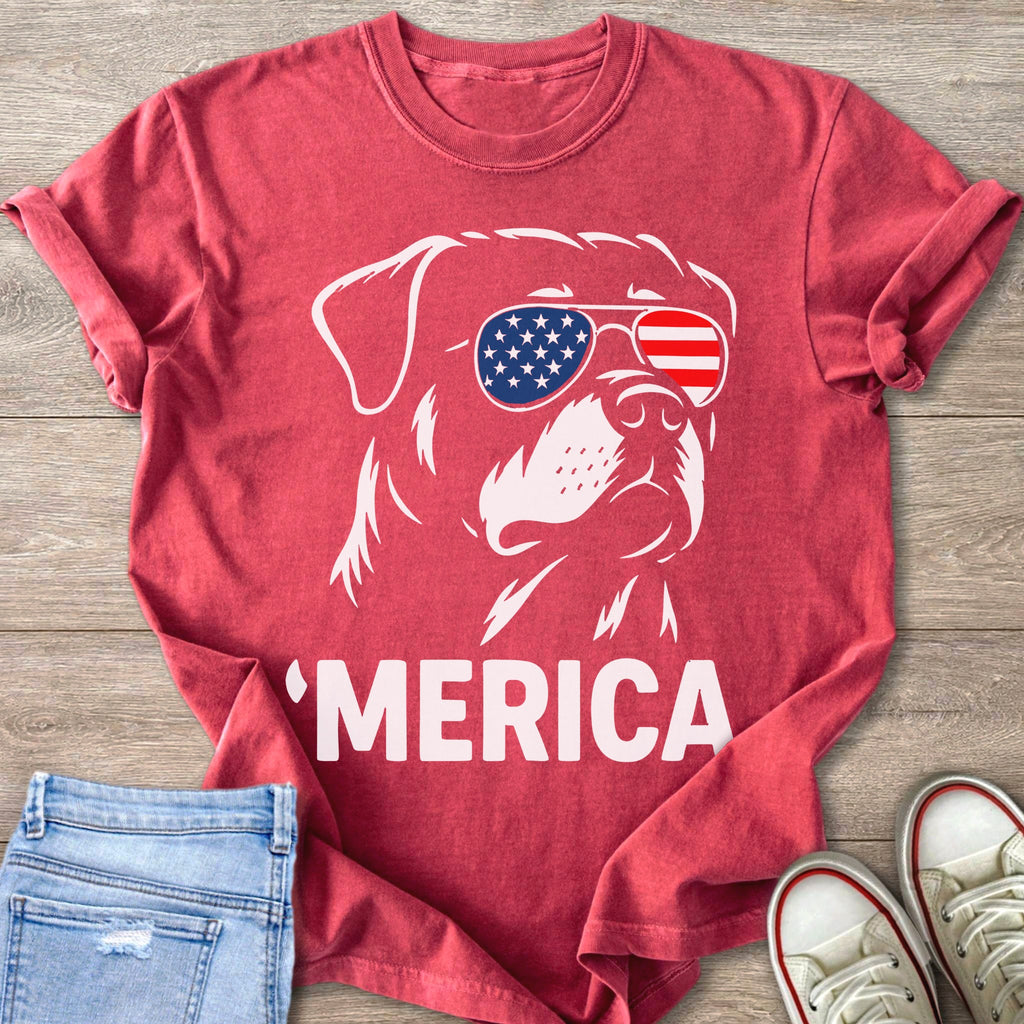 Red t-shirt with white dog wearing American flag sunglasses, "MERICA" text.