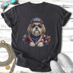 Shih Tzu dog wearing sunglasses and a bandana, patriotic USA theme.