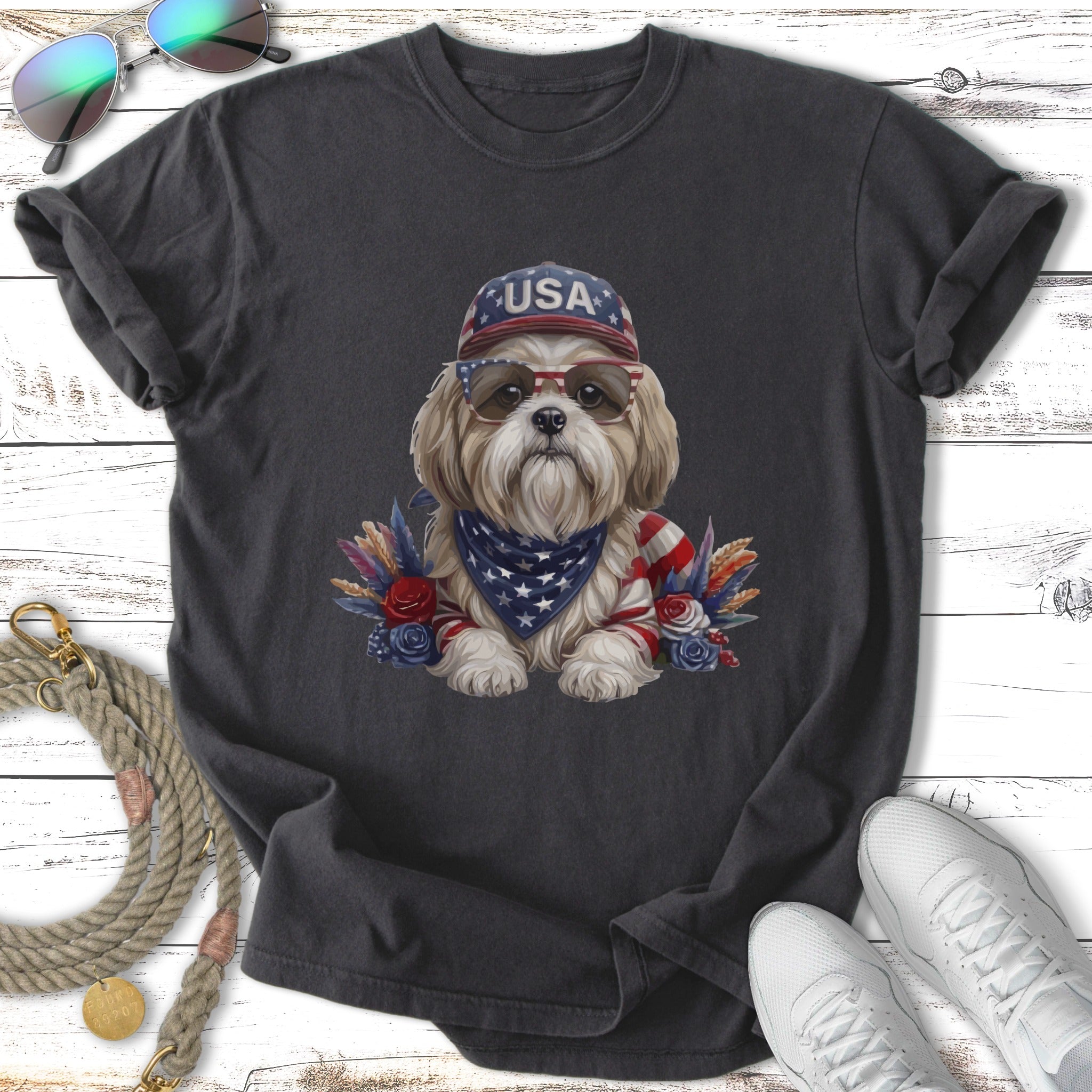 Shih Tzu dog wearing sunglasses and a bandana, patriotic USA theme.