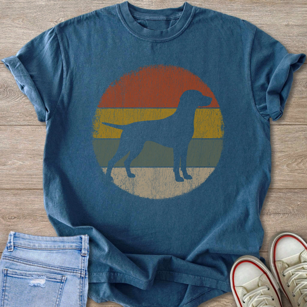 Blue t-shirt with a distressed retro circle graphic featuring a dog silhouette.
