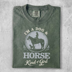 T-shirt with "I'm a dog & horse kind of girl" text and graphic.