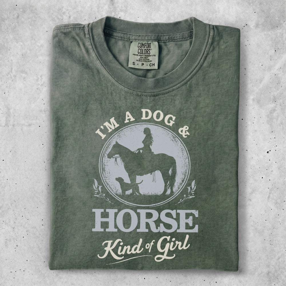 T-shirt with "I'm a dog & horse kind of girl" text and graphic.