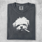 Dark gray t-shirt with a white dog smoking a cigarette graphic.