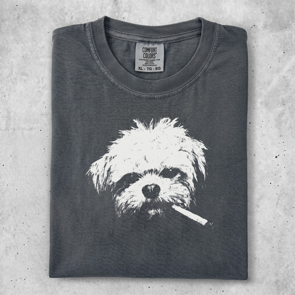 Dark gray t-shirt with a white dog smoking a cigarette graphic.