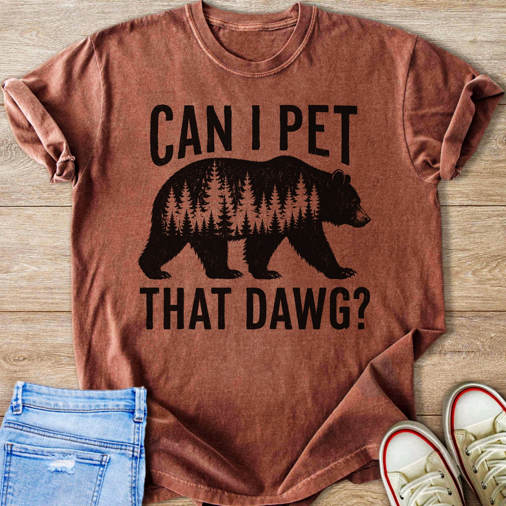 Brown t-shirt with bear silhouette filled with trees and text "CAN I PET THAT DAWG?".