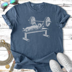 T-shirt with a cat lifting weights on a bench press.