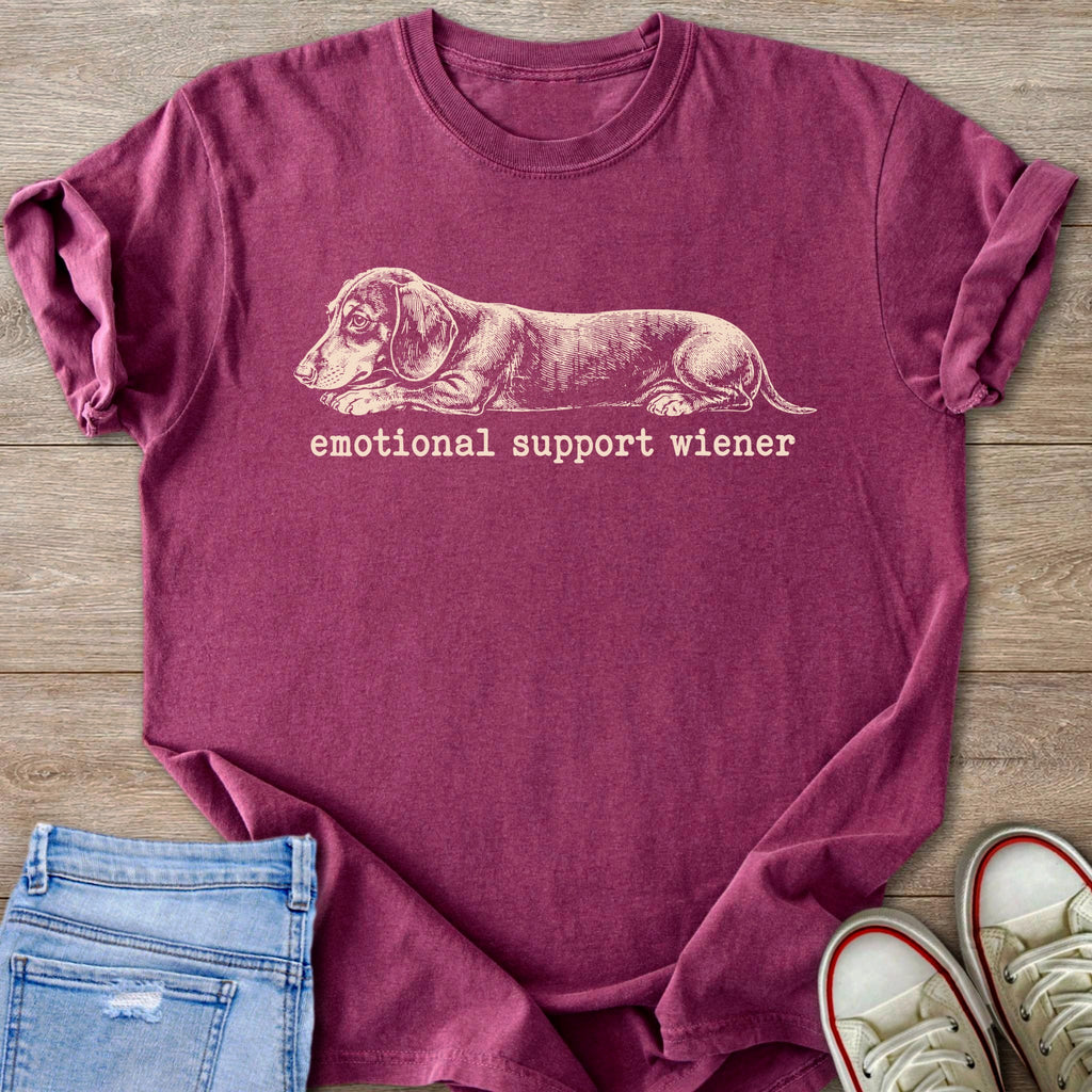 Maroon t-shirt with sketched dachshund and "emotional support wiener" text.