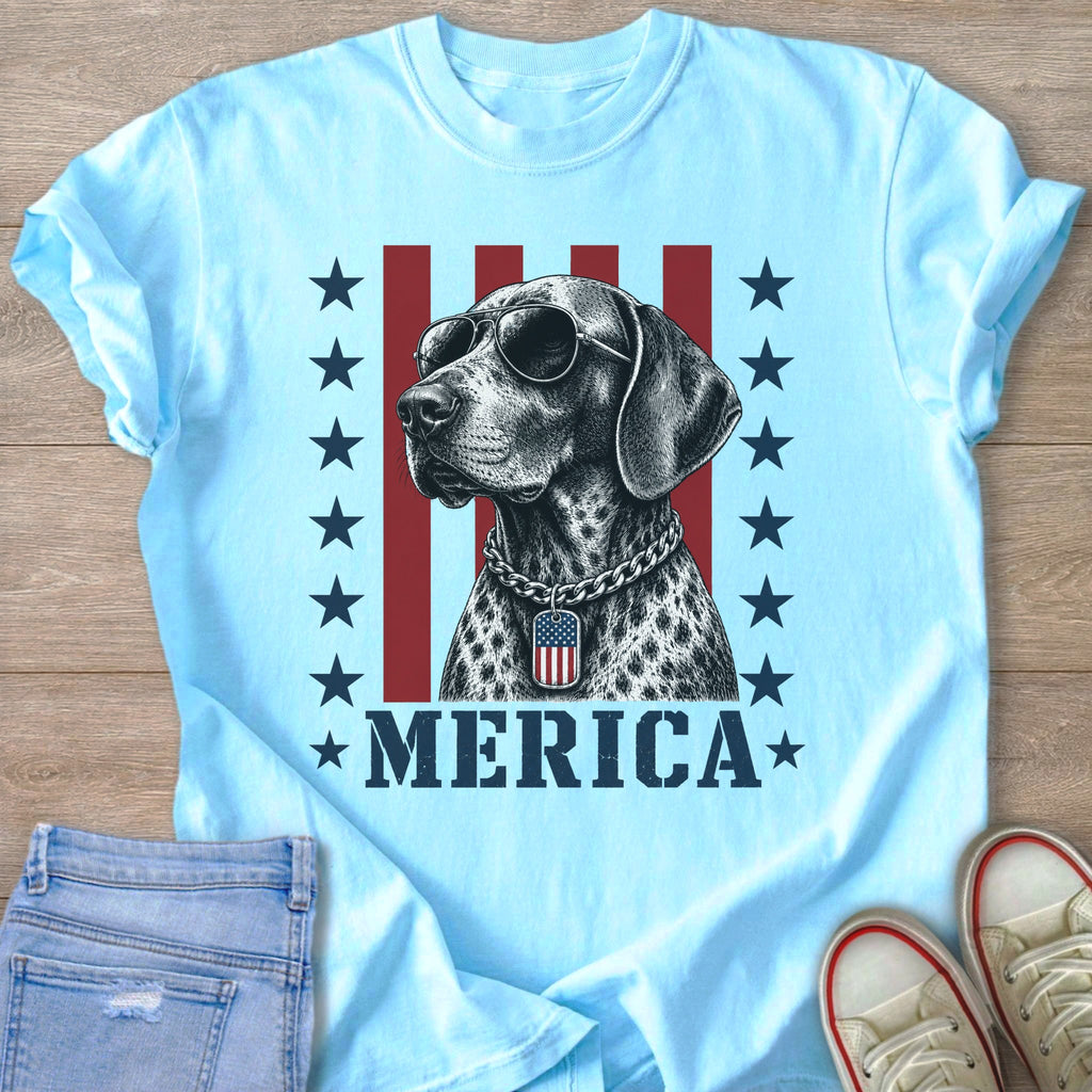 Dog wearing sunglasses and a flag tag, with "MERICA" text and stars.