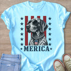 Dog wearing sunglasses and a flag tag, with "MERICA" text and stars.