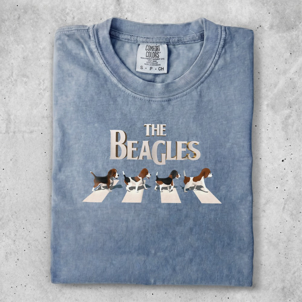 T-shirt with "The Beagles" text and four beagles walking on a crosswalk.