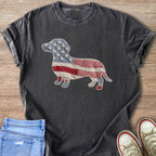Charcoal t-shirt with a dachshund silhouette filled with an Americana fabric patchwork design.