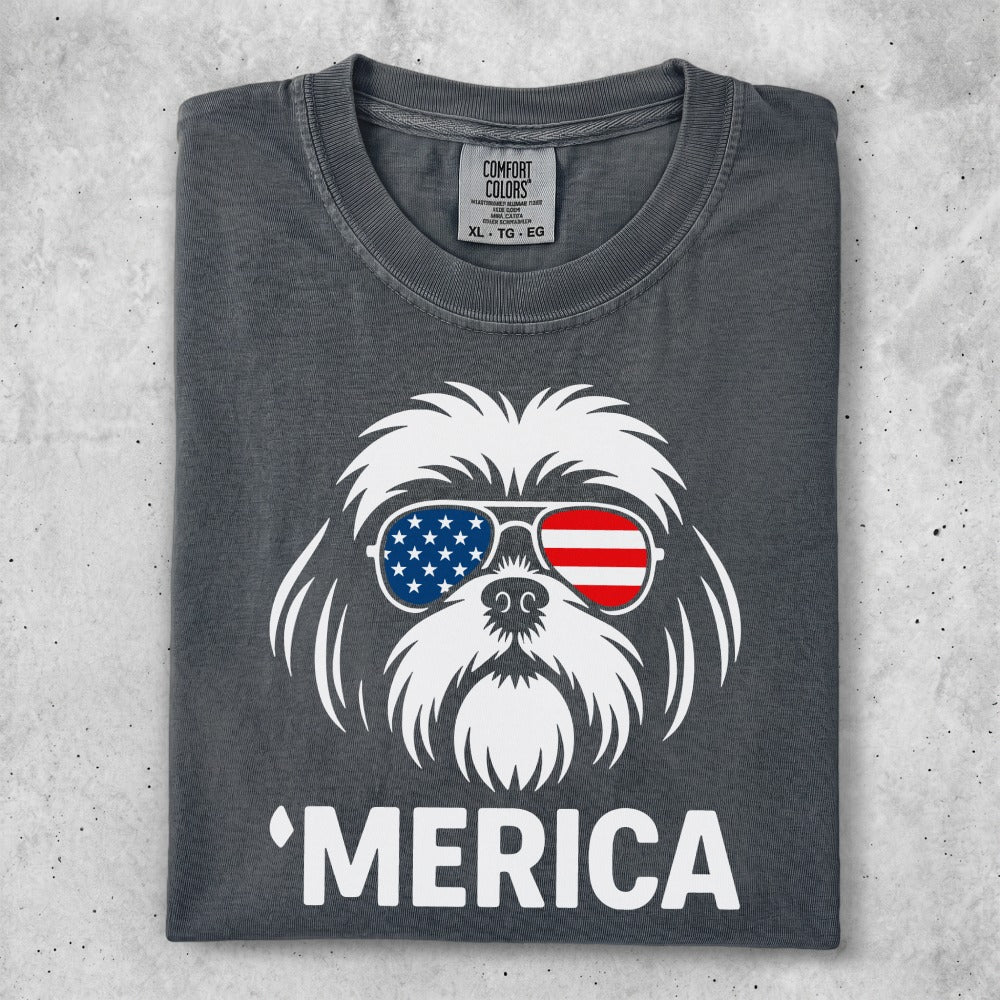 T-shirt with a patriotic Shih Tzu wearing sunglasses with the American flag pattern.