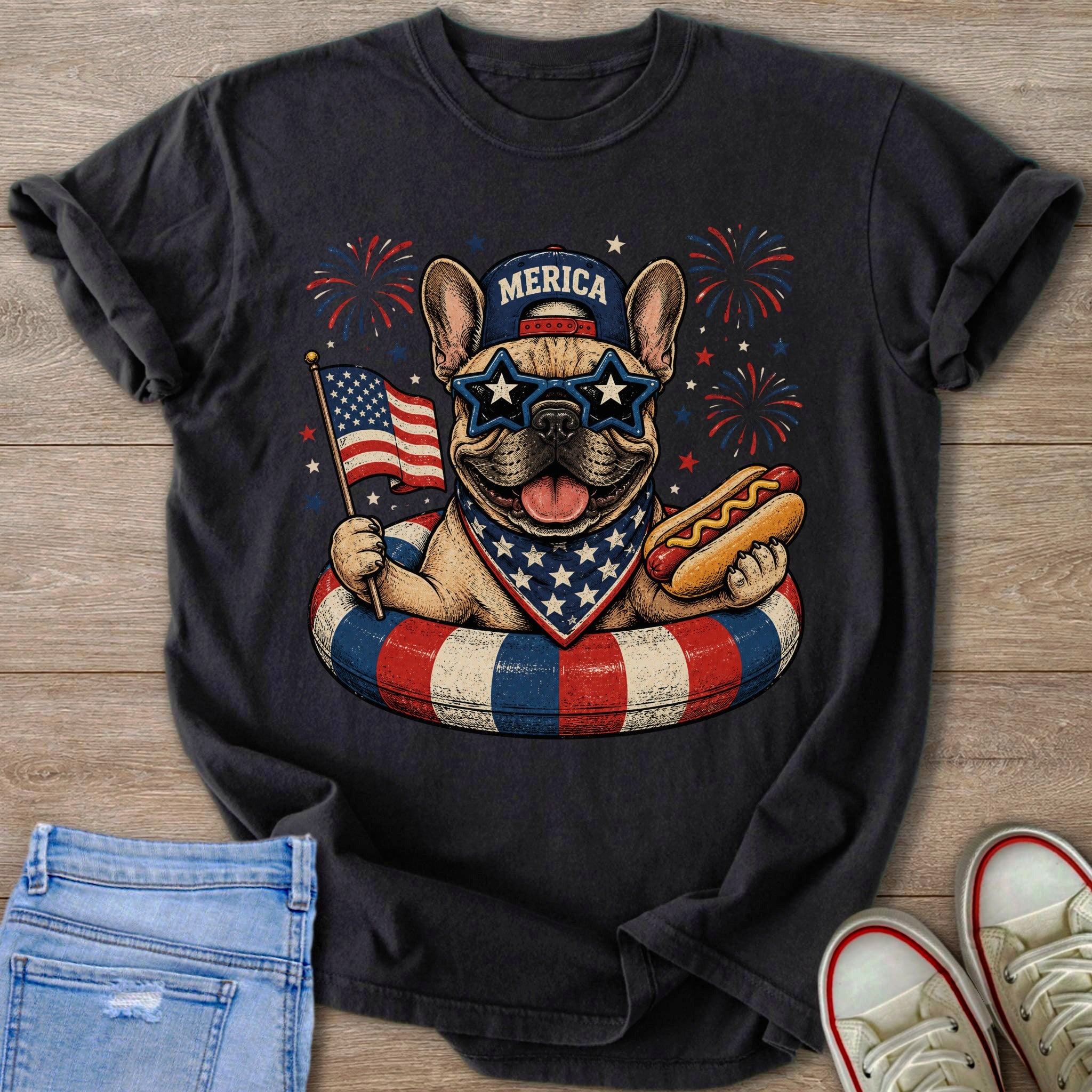 French bulldog wearing "Merica" hat, star sunglasses, and bandana, holding flag and hot dog.