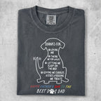 Charcoal t-shirt with white text and dog outline listing father's day compliments.