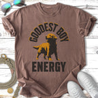 T-shirt with "Goodest Boy Energy" text and a golden retriever graphic.