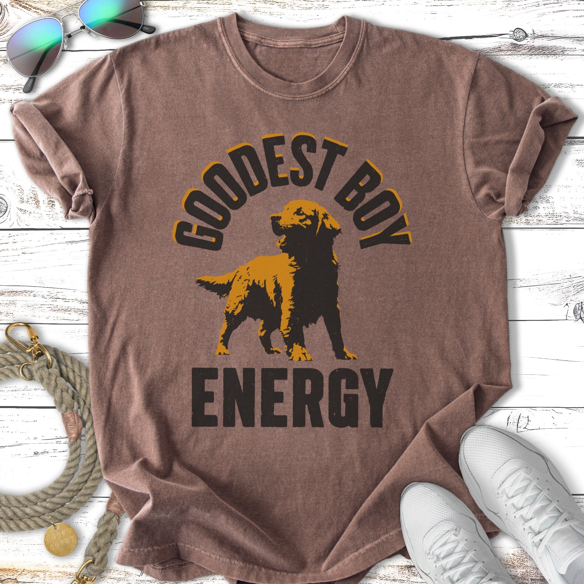 T-shirt with "Goodest Boy Energy" text and a golden retriever graphic.
