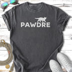 Dark grey t-shirt with "PAWDRE" text in white, flat lay with sunglasses and sneakers.