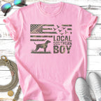 Pink t-shirt with camouflage flag, birds, and "Local Southern Boy" text.