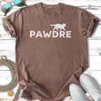 Brown t-shirt with "PAWDRE" and a cat silhouette.