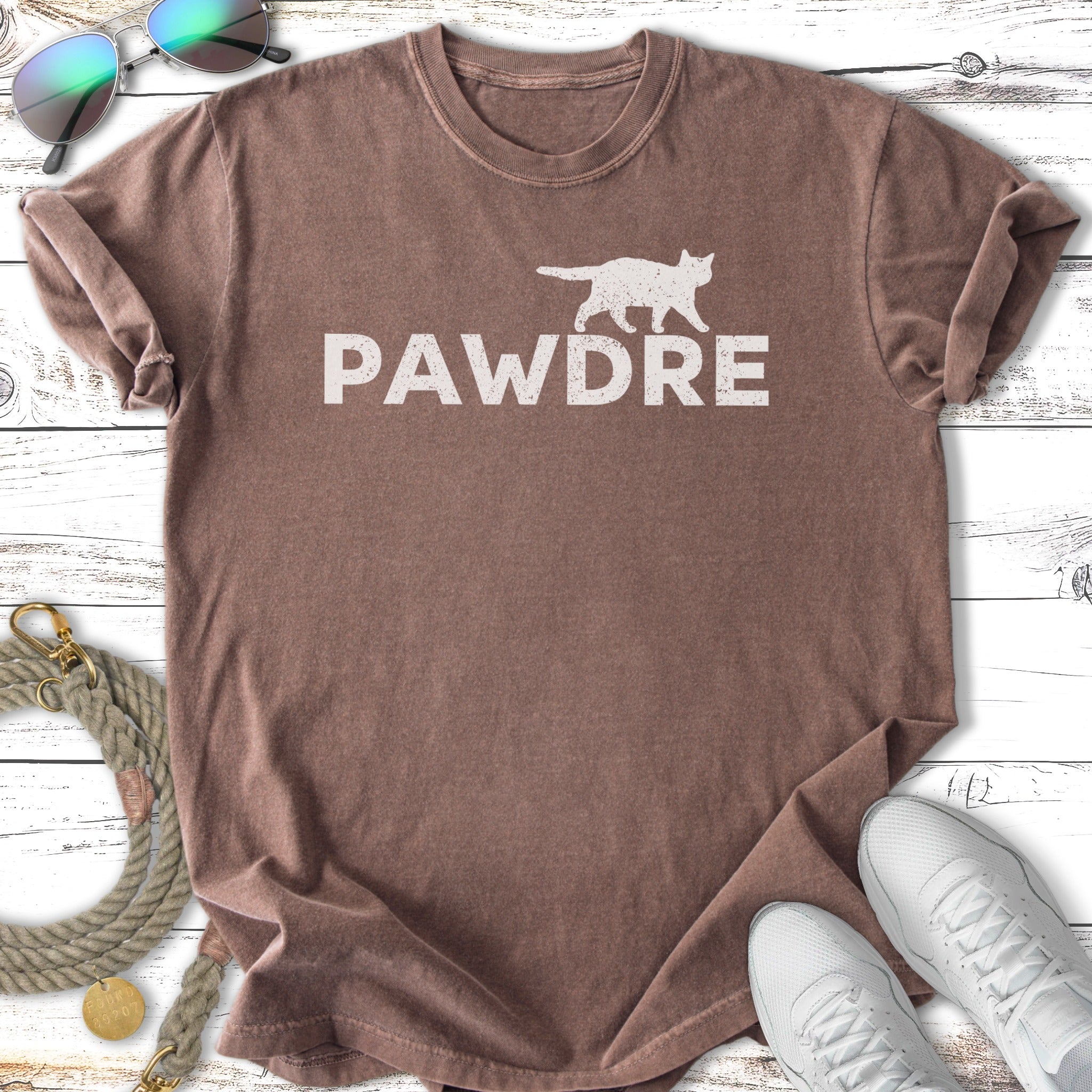 Brown t-shirt with "PAWDRE" and a cat silhouette.