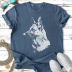 T-shirt with German Shepherd head sketch in white, laid flat.
