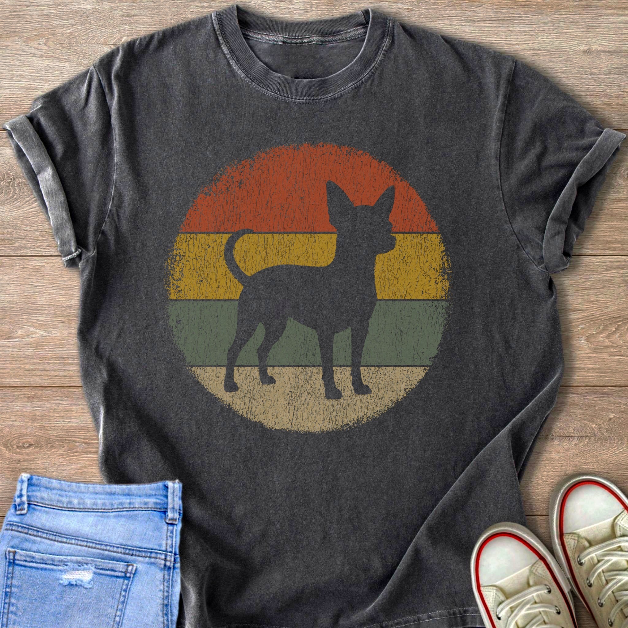 Chihuahua silhouette on vintage sunset graphic t-shirt.