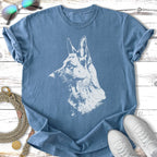 Blue t-shirt with a white line drawing of a German Shepherd's head.