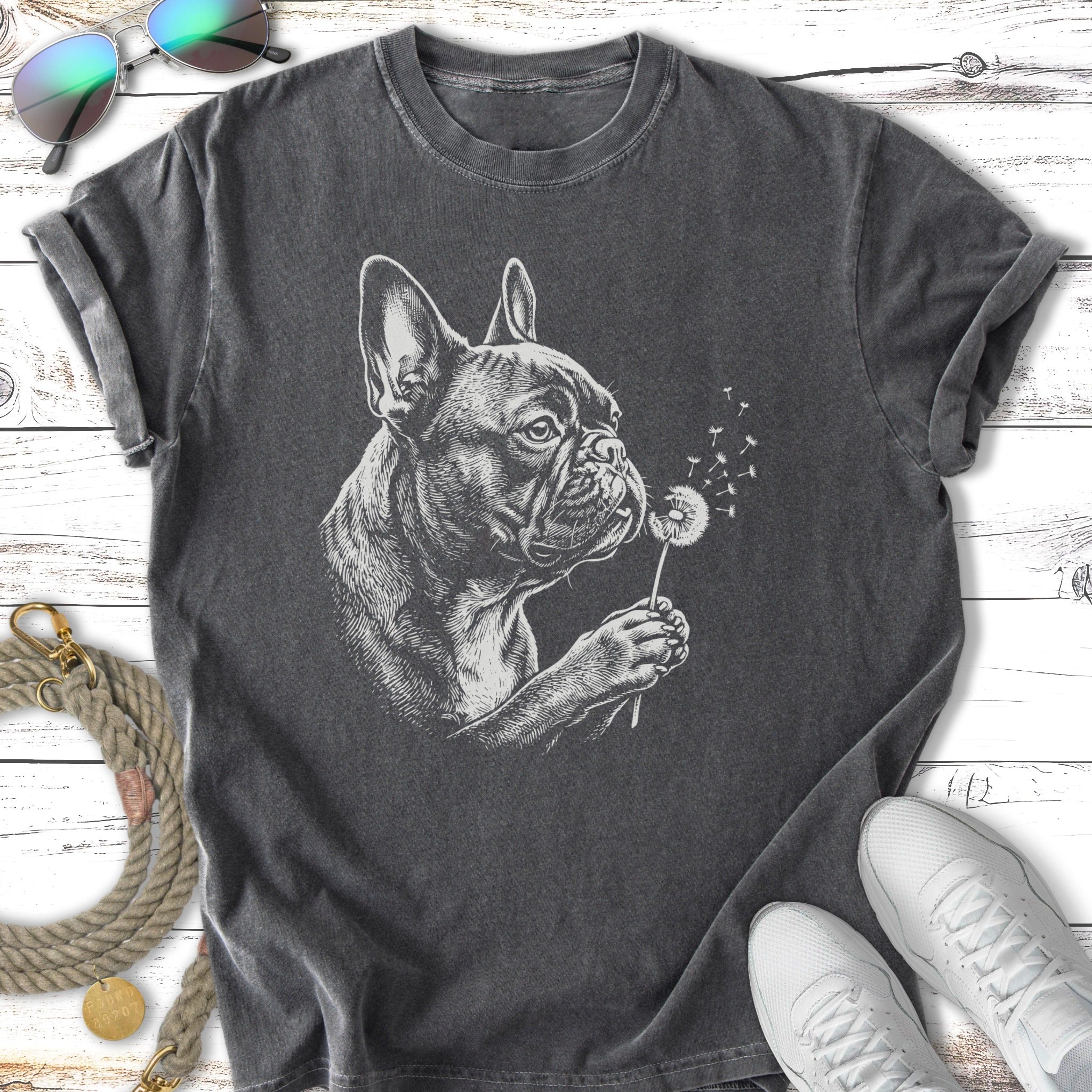 French bulldog holding a dandelion puff on a charcoal t-shirt.