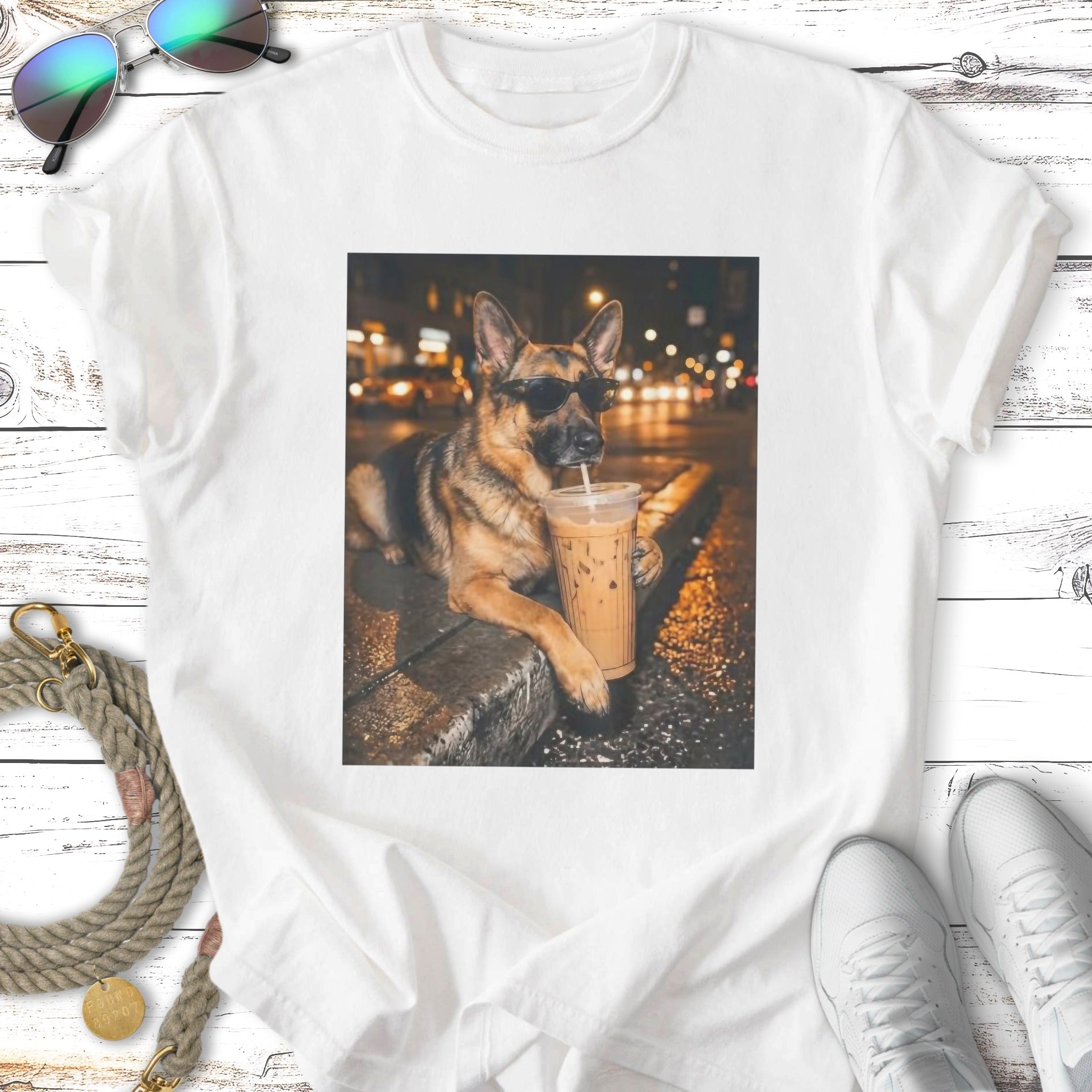 German Shepherd wearing sunglasses drinks iced coffee.