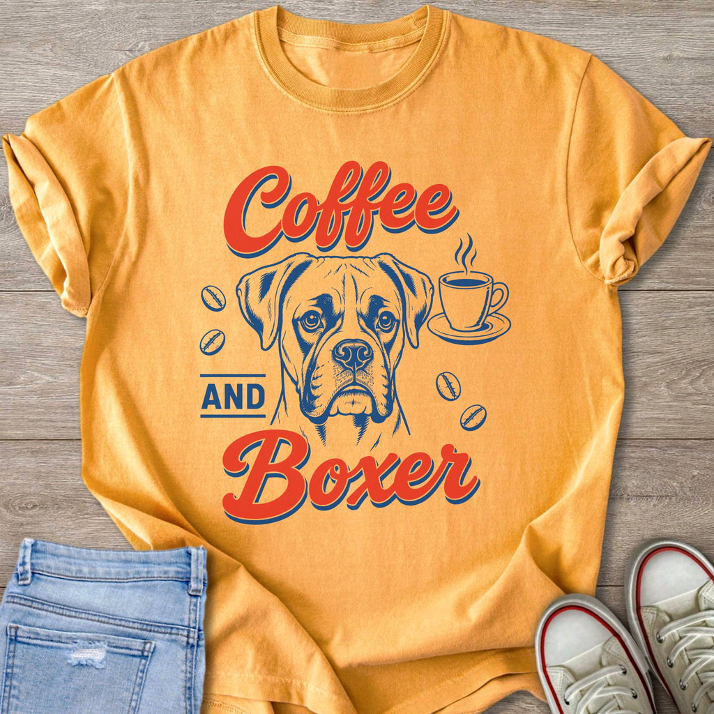 Orange t-shirt with "Coffee AND Boxer" text and boxer dog graphic.
