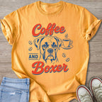 Orange t-shirt with "Coffee AND Boxer" text and boxer dog graphic.