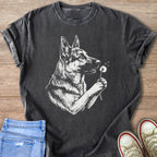 Dark grey t-shirt with a white graphic of a German Shepherd holding a dandelion.