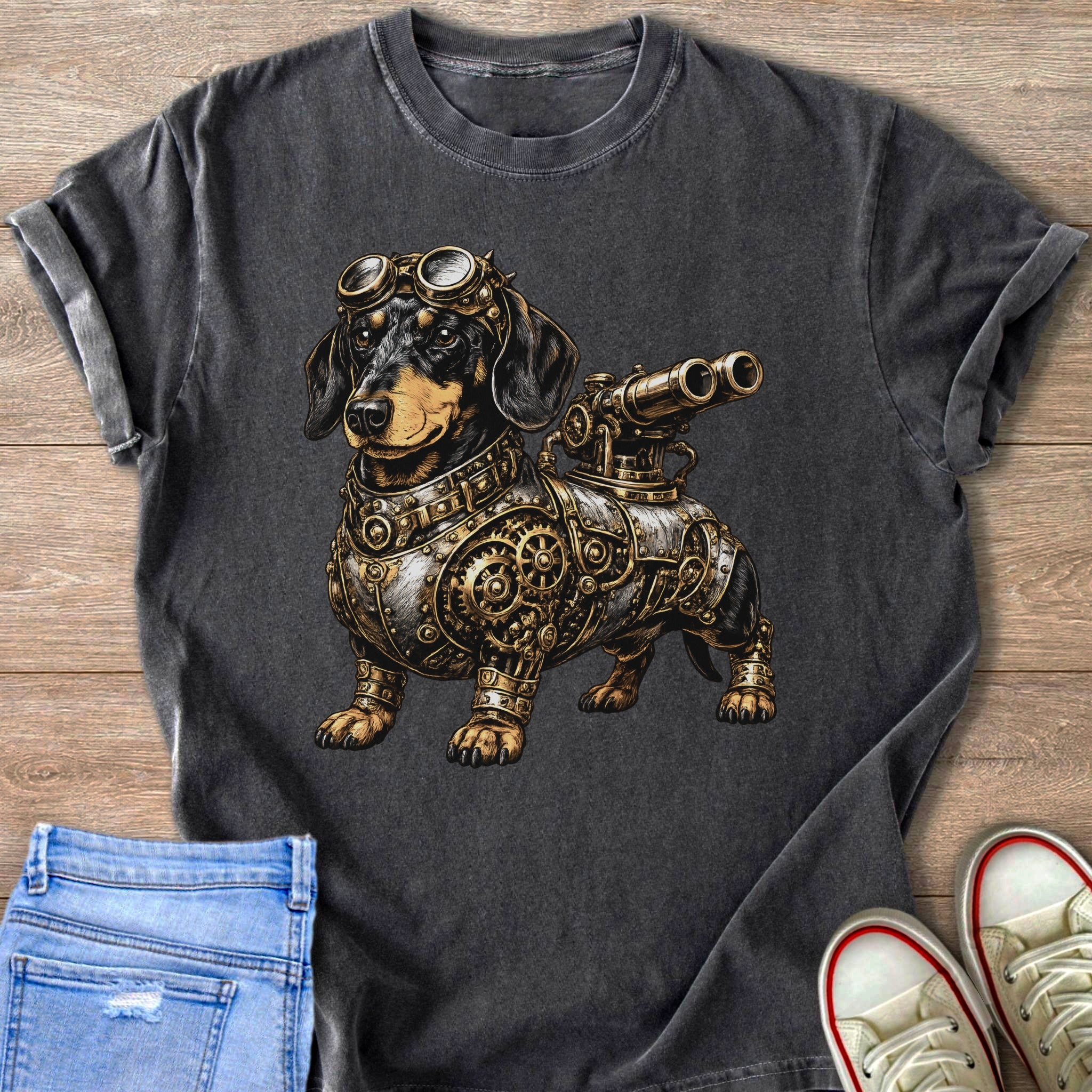 Steampunk dachshund with goggles and brass armor on a dark grey t-shirt.