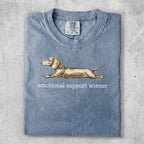 Blue t-shirt with dachshund graphic and "Emotional Support Wiener" text.