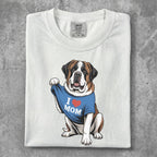 White t-shirt featuring a St. Bernard dog wearing an "I ❤️ MOM" shirt.