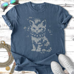 Dark blue t-shirt with distressed graphic of a crowned cat wearing a spiked collar.