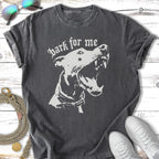T-shirt with white barking dog graphic and "Bark for me" text.